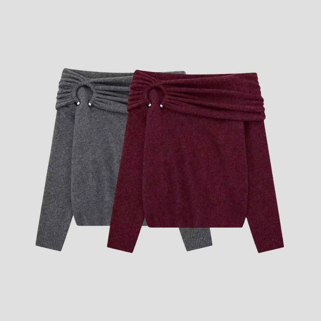 Sweter z odkrytymi ramionami – prążkowany kołnierz